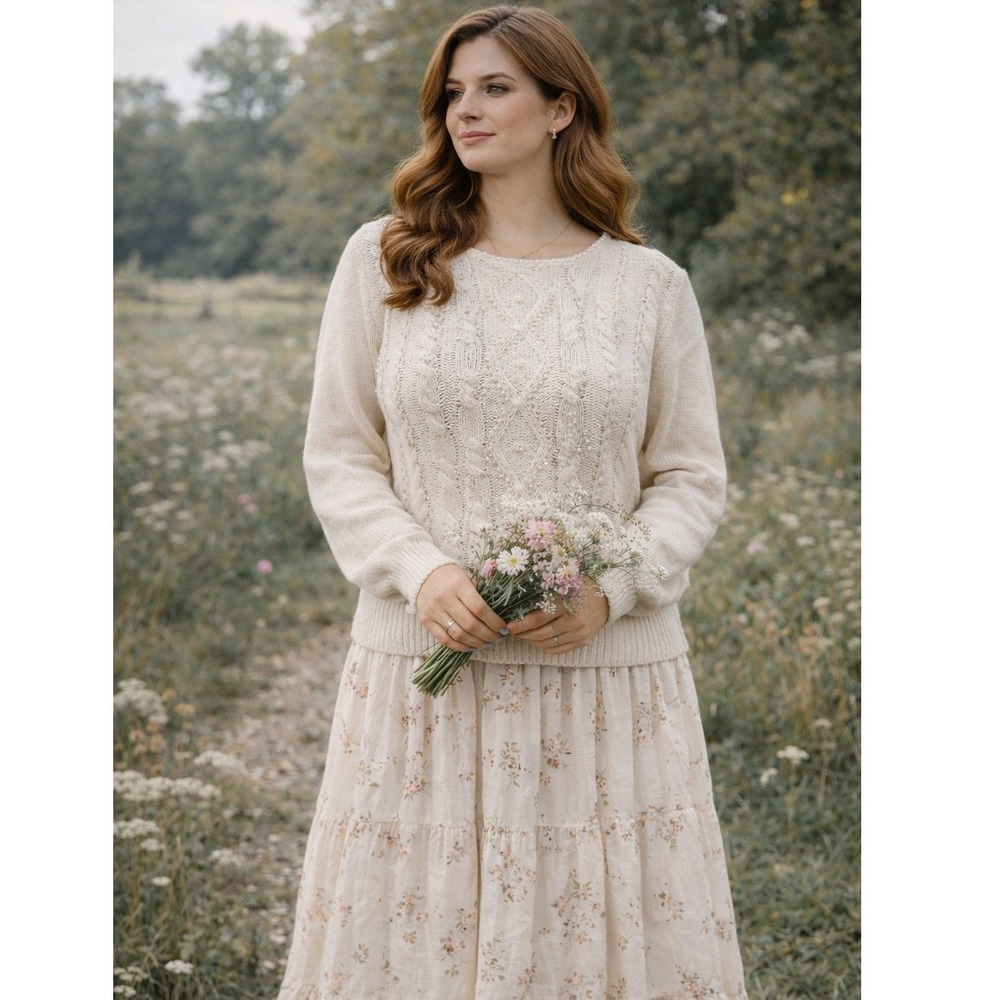 Cottagecore Pearls Vintage Ivory Cable Knit Metallic Shimmer Pullover M‎ Sweater